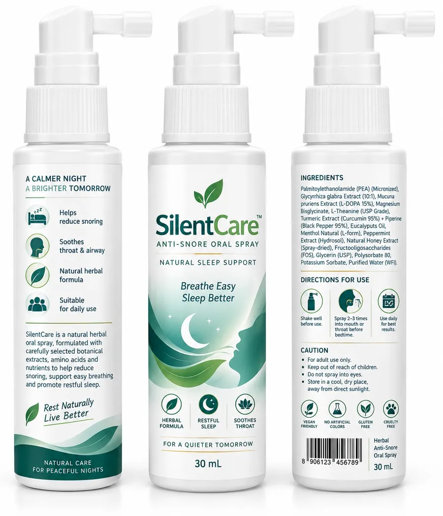 SilentCare® anti-snoring spray, 30 mL — front label with benefits and directions panels