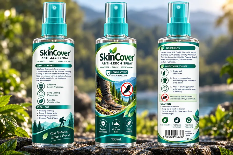 SkinCover® anti-leech spray bottles on a forest trail — part of StemCura's wellness spray range