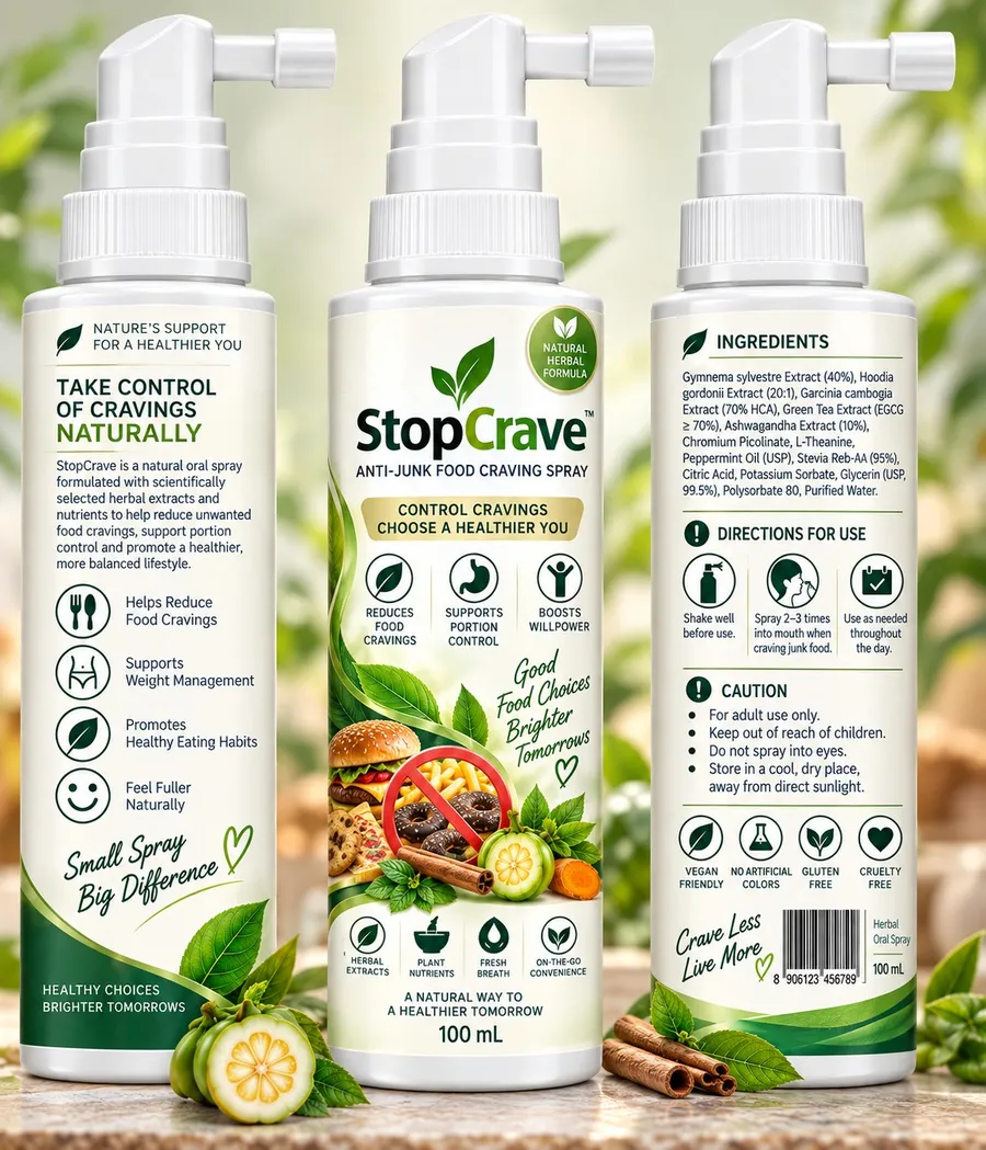 StopCrave® craving control oral spray, 100 mL — front label with ingredients and directions panels